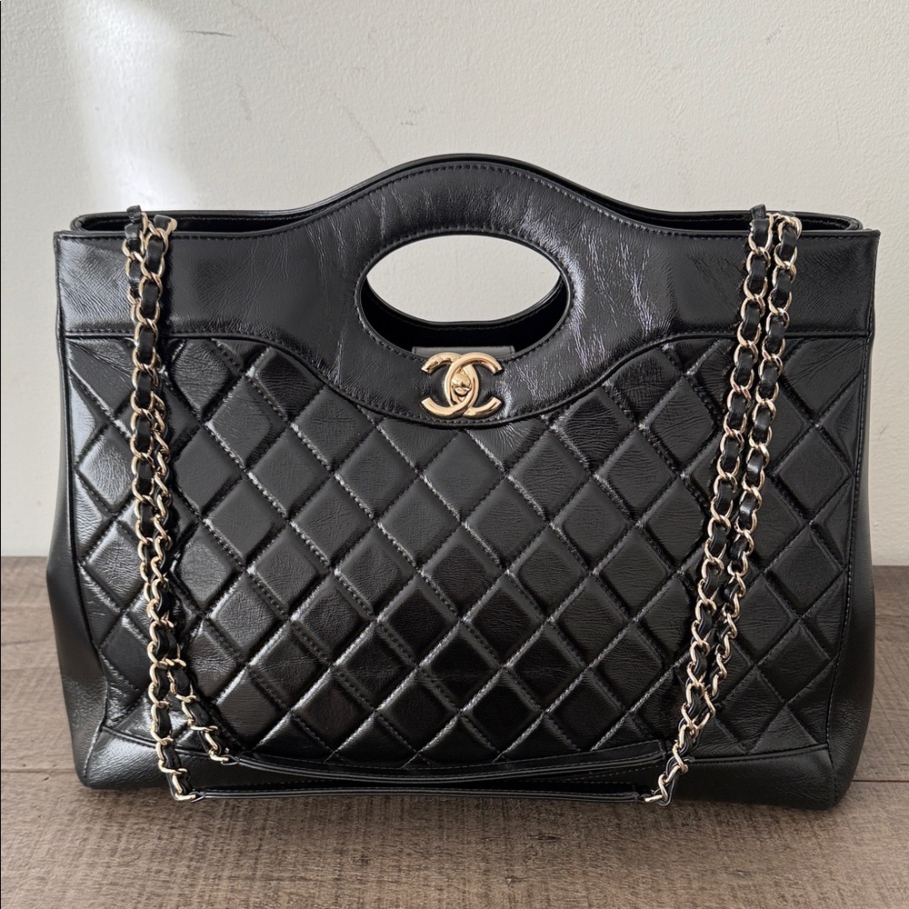 Chanel Black Quilted Shopping Bag with Gold Chain